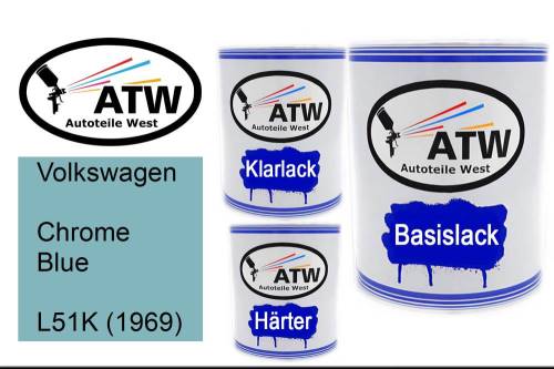 Volkswagen, Chrome Blue, L51K (1969): 1L Lackdose + 1L Klarlack + 500ml Härter - Set, von ATW Autoteile West.